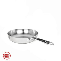 Round stainless steel frying pan with single handle and hanging hole, smooth shiny surface, neutral white background