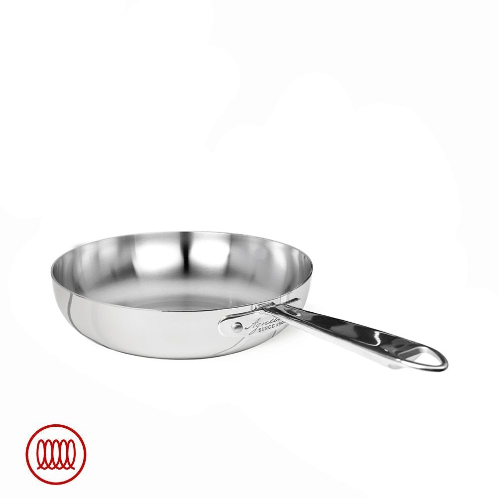Polished round stainless steel frying pan with long handle and hanging hole, on white background, red logo bottom left
