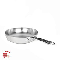 Polished stainless steel frying pan with long handle, low sides and round shape, on white background with red spiral symbol bottom left.