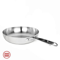 Polished round stainless steel frying pan with long handle and terminal hole, on white background.