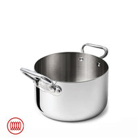 Short round polished stainless steel pot with two metal handles, white background, red logo with spirals bottom left.
