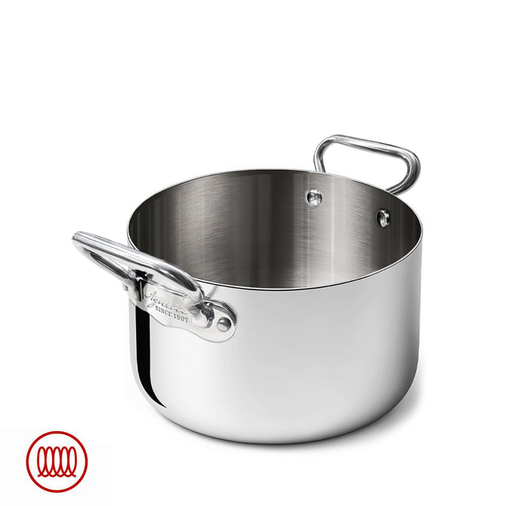 Glossy stainless steel pot with short double handle, cylindrical shape and satin interior, minimalist white background