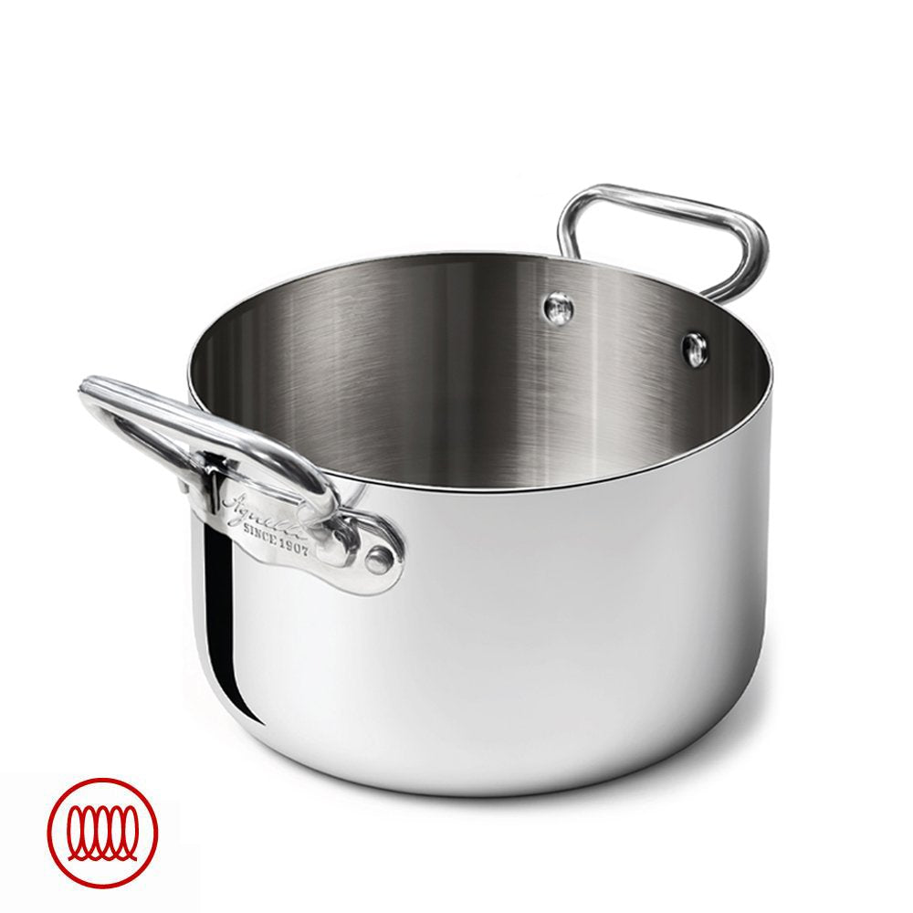 Glossy round stainless steel pot with two handles and satin interior on white background with red spiral logo at bottom left