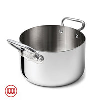 Glossy stainless steel pot, cylindrical shape with two metal handles, white background, red logo at bottom left