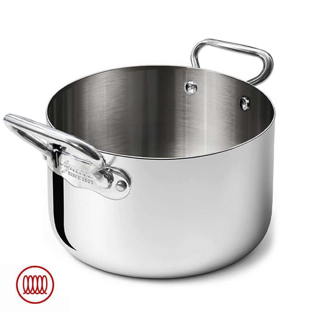 Low round stainless steel pot with two metal handles, shiny finish, white background, red spiral symbol bottom left.