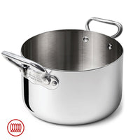 Low round stainless steel pot with two metal handles, shiny finish, white background, red spiral symbol bottom left.
