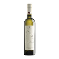 Bottiglia di vino bianco con etichetta bianca e disegno di un lupo stilizzato. La bottiglia ha un tappo a vite e un aspetto elegante.