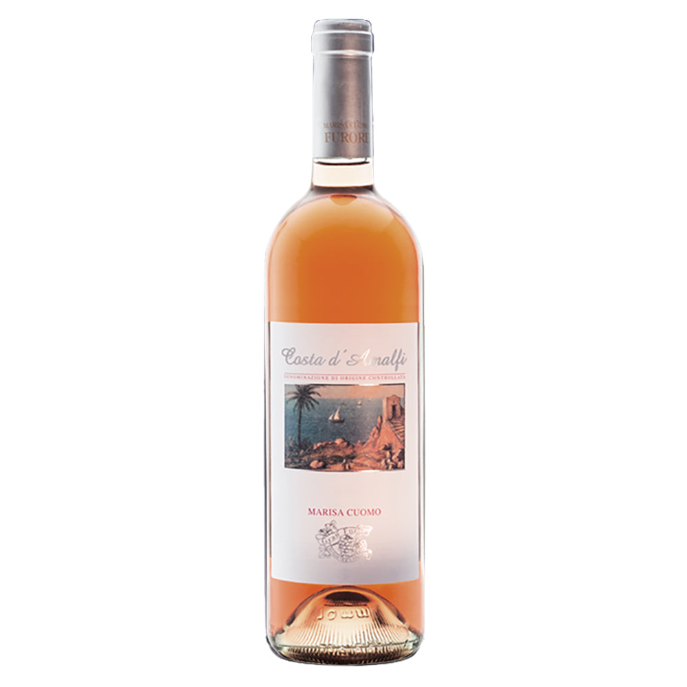 Bottiglia di vino rosato con etichetta bianca, raffigurante un paesaggio marino e palmizi. Il tappo è in metallo.
