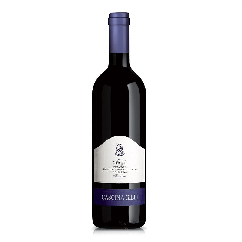 Red wine bottle with white and blue label, slender body, violet screw cap; label with Cascina Gilli name.