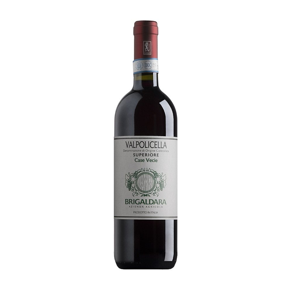 Valpolicella Superiore red wine bottle, light label with ornaments and green details, red cap.