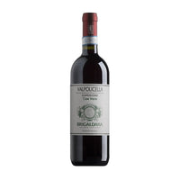Valpolicella Superiore red wine bottle, light label with ornaments and green details, red cap.