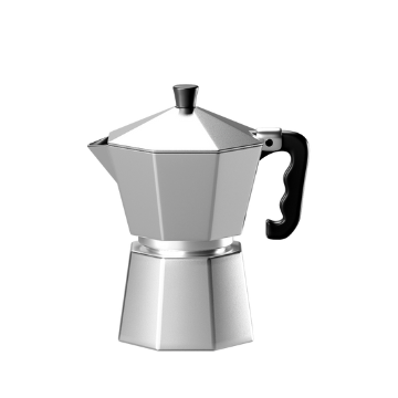 Caffettiera moka metallica argentata con manico nero in plastica e pomello sul coperchio, sfondo bianco.