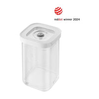 Contenedor transparente con tapa blanca, forma rectangular, cierre hermético y logo "reddot winner 2024" arriba a la derecha.