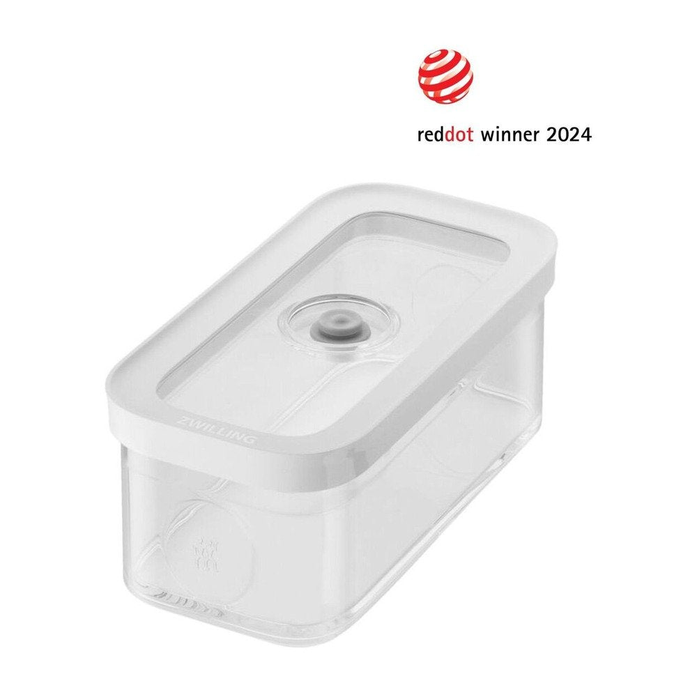 Contenedor rectangular transparente con tapa blanca, material plástico, botón central y logo ZWILLING.