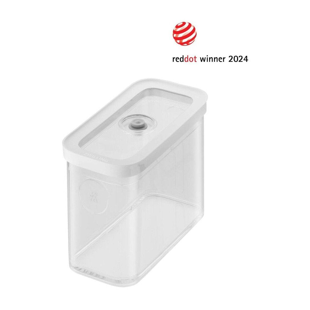 Contenedor rectangular transparente con tapa blanca, con mecanismo de cierre central, sobre fondo blanco.