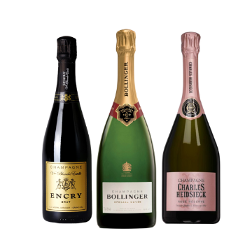 Tre bottiglie di champagne, una nera Encry, una verde Bollinger con tappo oro, una verde Charles Heidsieck