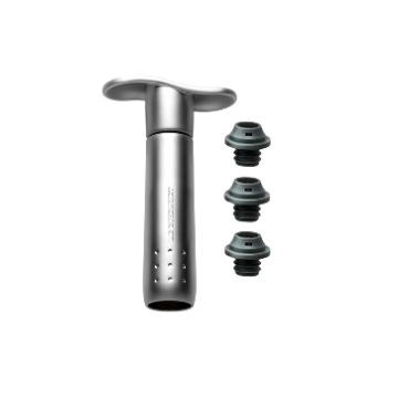 Strumento metallico grigio con impugnatura orizzontale e tre tappi in silicone neri, sfondo bianco.