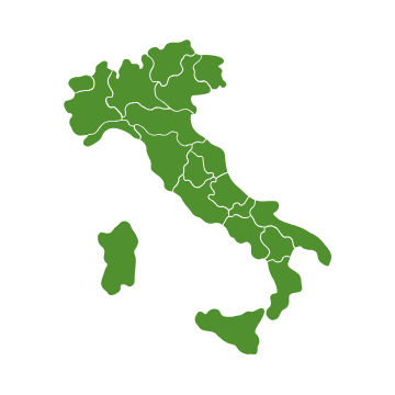 Mappa verde dell'Italia con le principali città indicate da puntini neri su sfondo bianco.
