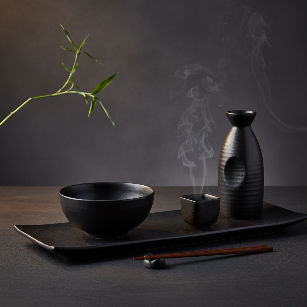 Matte black table set with bowl, small glass with smoke, bottle, brown wood chopsticks and green branch on dark grey background.