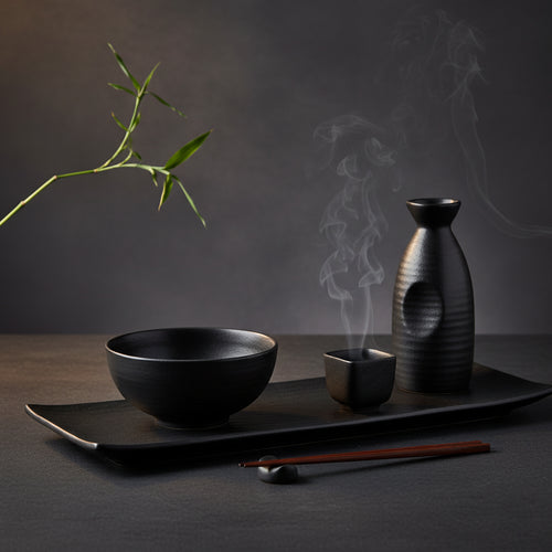 Set de table noir mat avec bol, petit verre avec fumée, bouteille, baguettes en bois marron et branche verte sur fond gris foncé.