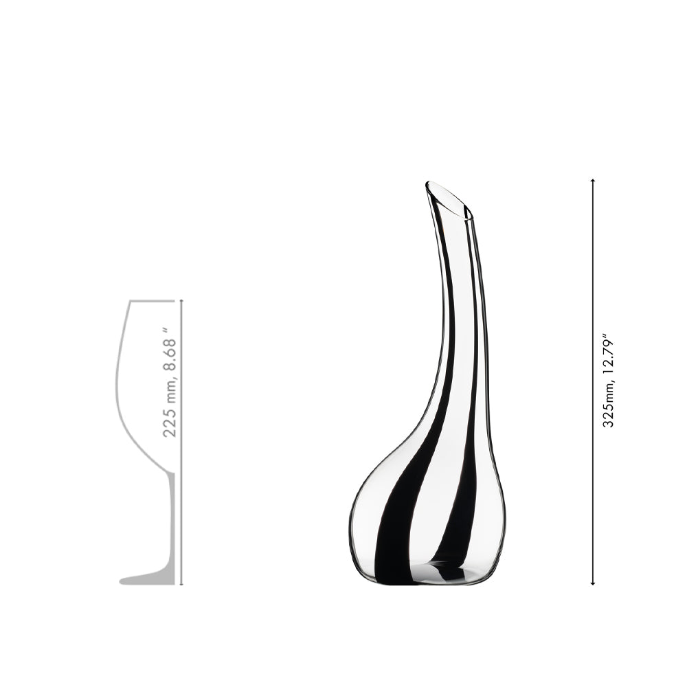 Dimensional diagram of a glass decanter with a slender neck.