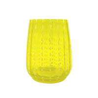 Gelbe Glasvase mit vertikalen Streifen und weißen Punkten, abgerundete Form, transparent und glänzend.