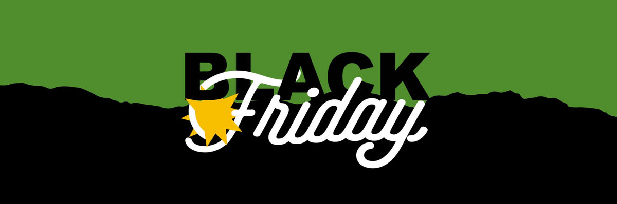 Sfondo verde con testo "BLACK" in nero e "Friday" in bianco; un sole giallo si trova tra le parole.
