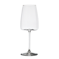 Bicchiere di vetro trasparente da vino con stelo sottile e base rotonda su sfondo bianco.