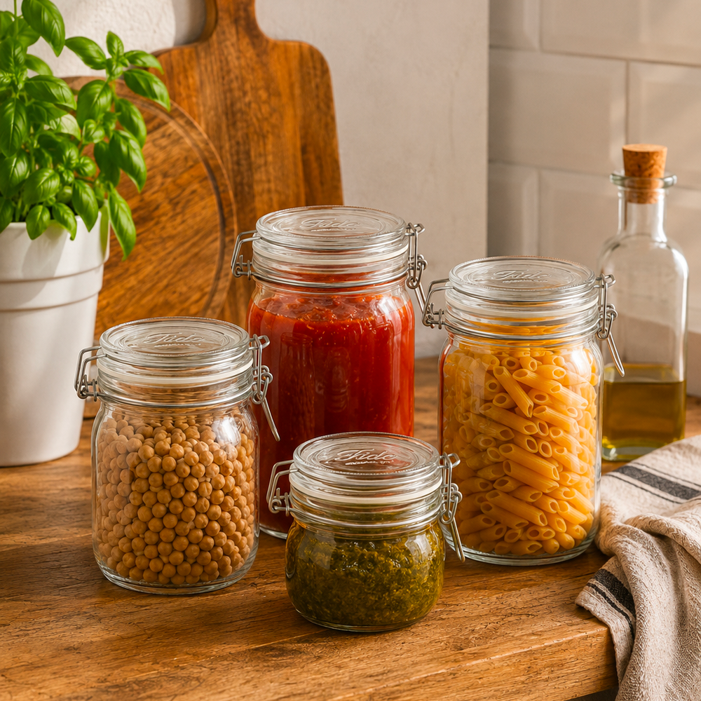 Barattoli in vetro con legumi, pasta e conserve su un piano cucina.