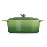 Groene ovale geëmailleerde pan met handgrepen en deksel, glanzende afwerking en zilveren knop.