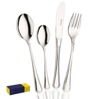 Set di quattro posate in acciaio lucido composto da cucchiaio grande, cucchiaio piccolo, coltello con lama liscia e forchetta, con confezione gialla