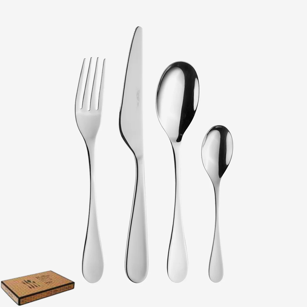 Set of stainless steel cutlery: fork, knife, tablespoon and teaspoon on white background; wooden packaging on the left.