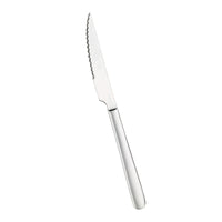 Serrated stainless steel table knife with smooth silver handle on white background