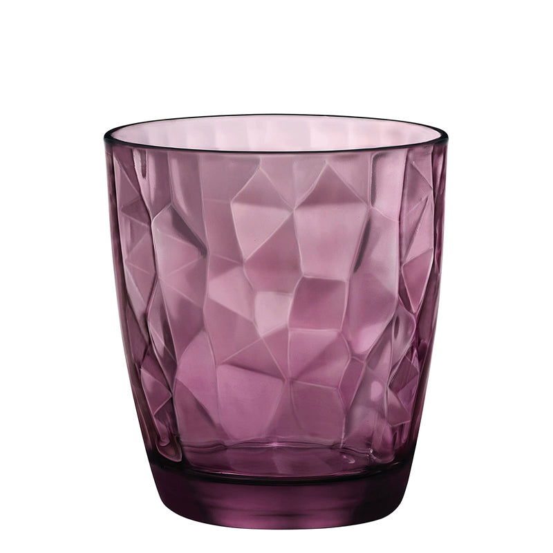Small satin-finish purple glass tumbler with faceted surface on white background