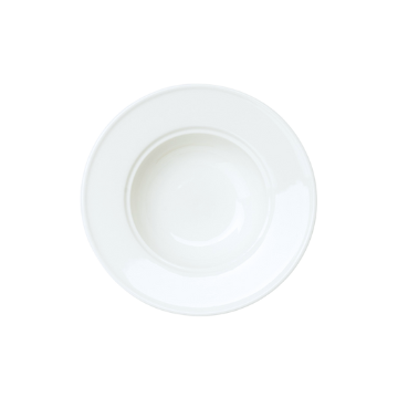 Piattino bianco rotondo in ceramica con bordo largo e superficie liscia, visto dall’alto.