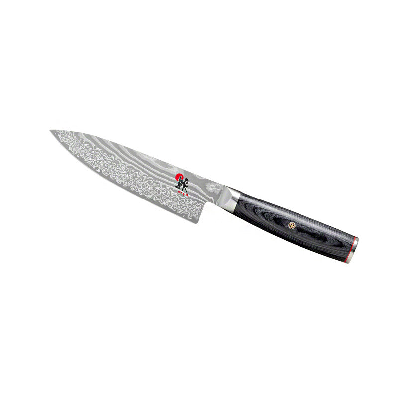Coltello da cucina con lama in acciaio damasco grigio e manico in legno nero con dettaglio metallico rosso