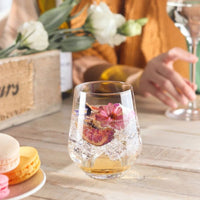 transparenter Glasbecher mit sparkling drink Eis, fig slEiss und fiore rosa, Holztisch, in the background hund und flowers