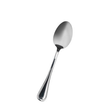 Posata cucchiaio in acciaio inox argento, forma ovale con manico allungato e smussato.