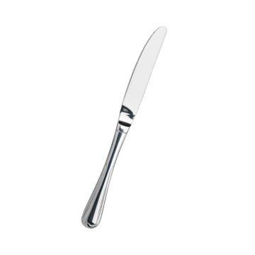 Coltello da tavola in metallo lucido con lama smussata e manico stondato con dettagli bordati.