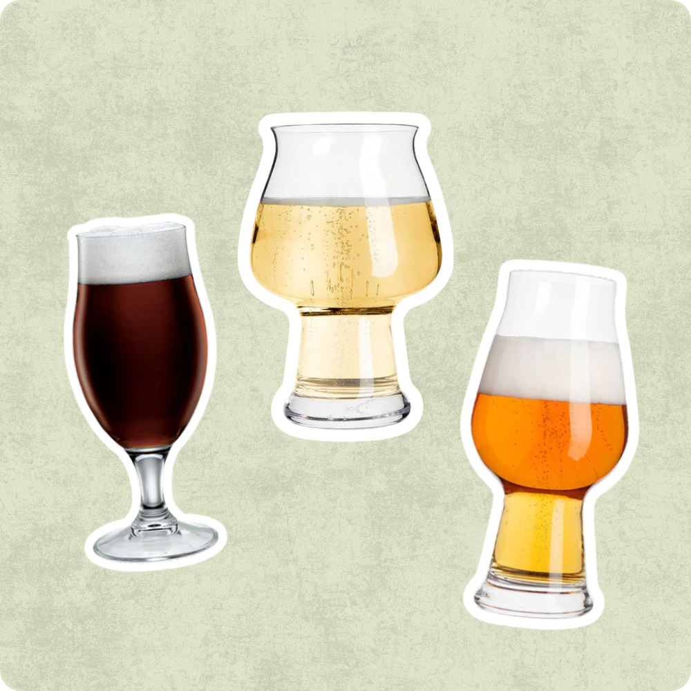 Three beer glasses: one dark on the left, one light in the center and one amber on the right, on green background.