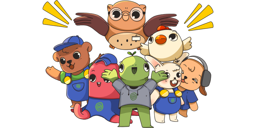 Group of colorful animated characters: a bear, rabbit, hedgehog, cat, dog, mouse and toucan, smiling and waving.