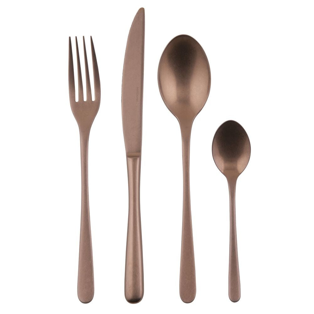 Set di posate in metallo color bronzo, composto da un coltello, una forchetta, un cucchiaio grande e uno piccolo.