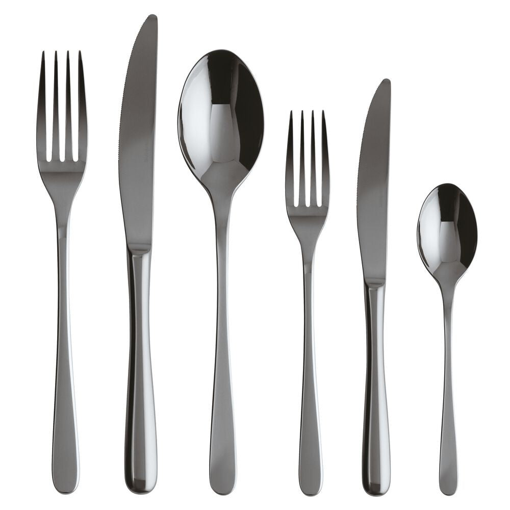 Set di posate in acciaio inox lucido, composto da due forchette, due coltelli e due cucchiai, su sfondo bianco.