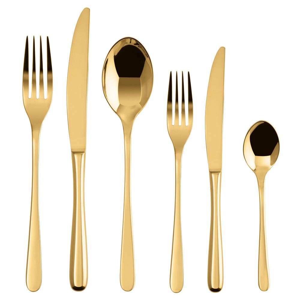 Set di posate in oro lucido, composto da due forchette, due coltelli e due cucchiai di diverse dimensioni.
