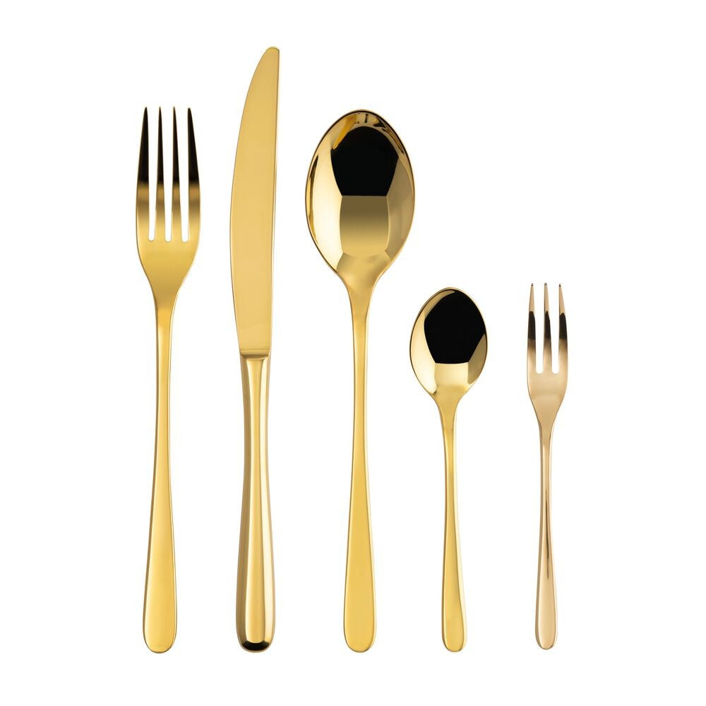 Set di posate dorate composto da forchetta, coltello, cucchiaio, cucchiaino e forchettina. Lucido e raffinato.