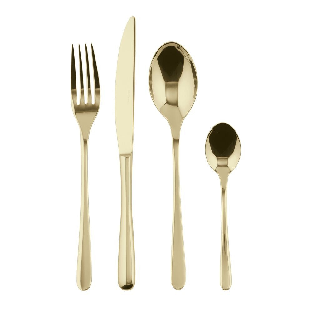 Set di posate in color oro, composto da un cucchiaio grande, un cucchiaino, un coltello e una forchetta.