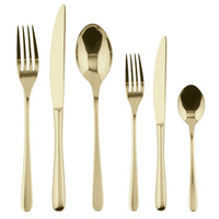 Set goldfarbenes Besteck: enthält Messer, große Gabel, Löffel, kleine Gabel, kleines Messer und Teelöffel.