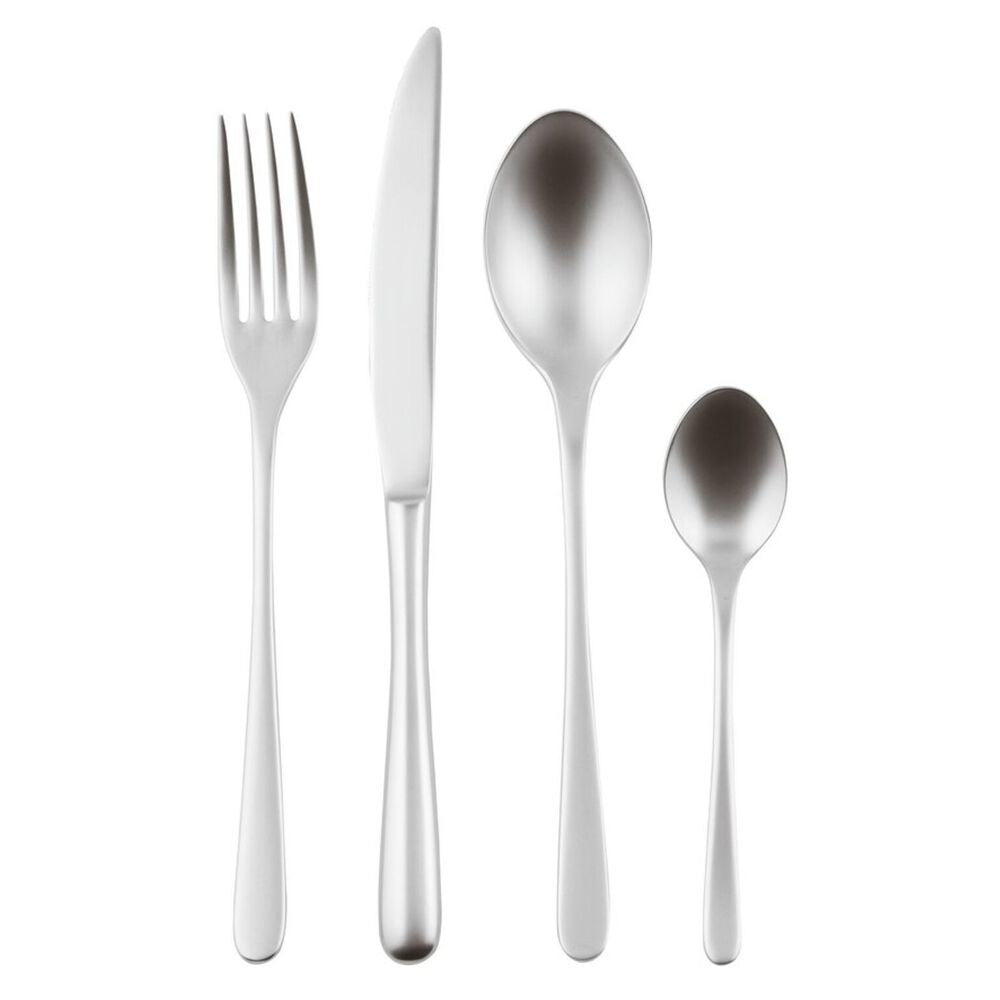Set di posate in acciaio inox, composto da una forchetta, un coltello, un cucchiaio grande e un cucchiaio piccolo, con finitura lucida.