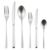 Set di posate in acciaio inox lucido, composto da forchetta, coltello, cucchiaio grande, forchettina, coltellino e cucchiaino.