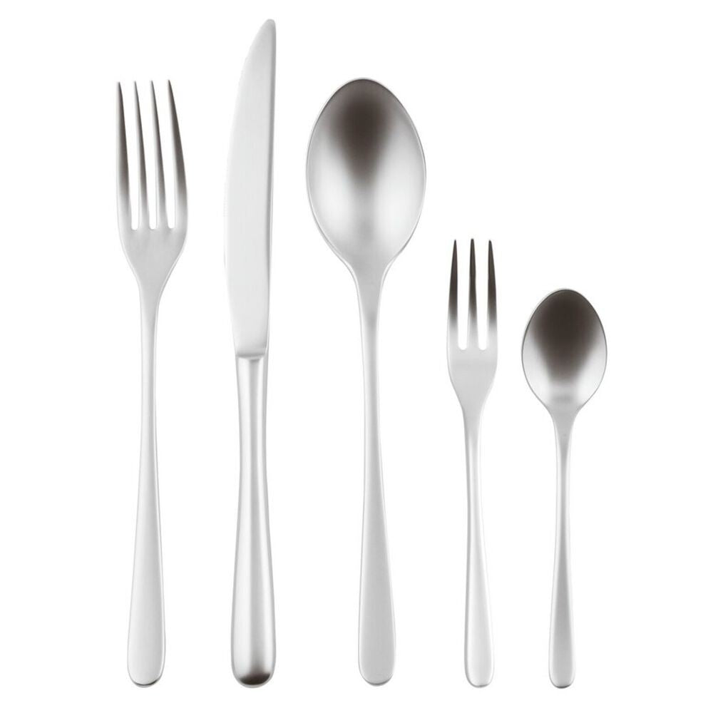Set di posate in acciaio inox, composto da un coltello, una forchetta, un cucchiaio grande, una forchetta piccola e un cucchiaino.